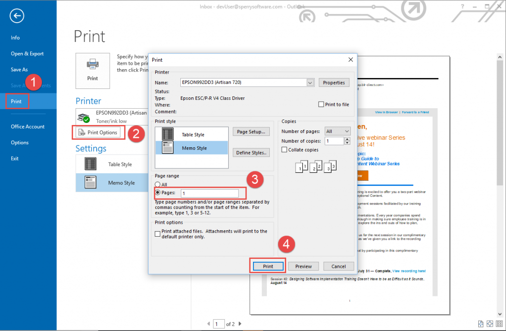 print outlook email to pdf