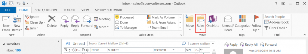 Image of Rules and Alerts toolbar button in Outlook