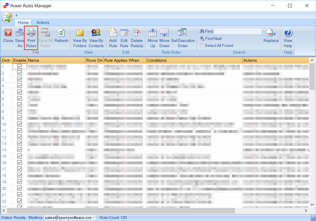 Image of how to print Outlook rules using the toolbar button shown